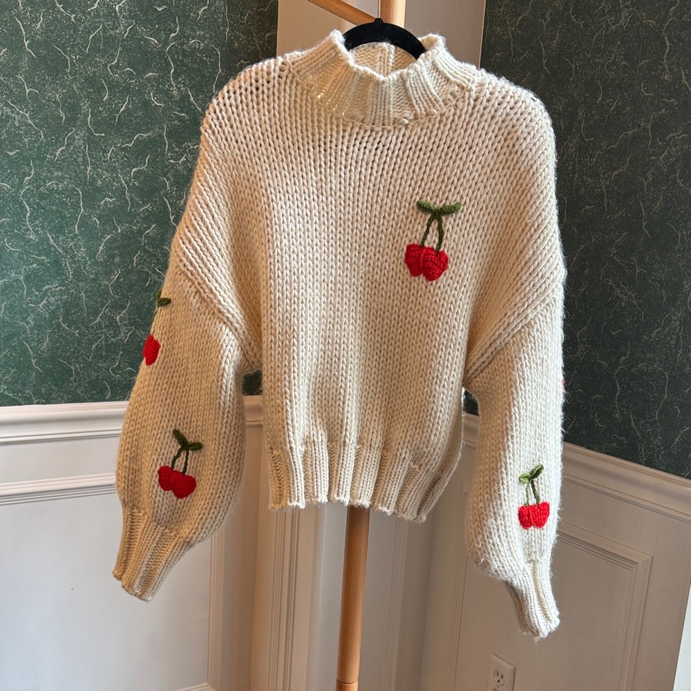 Cherry Embroidered Cream Sweater
